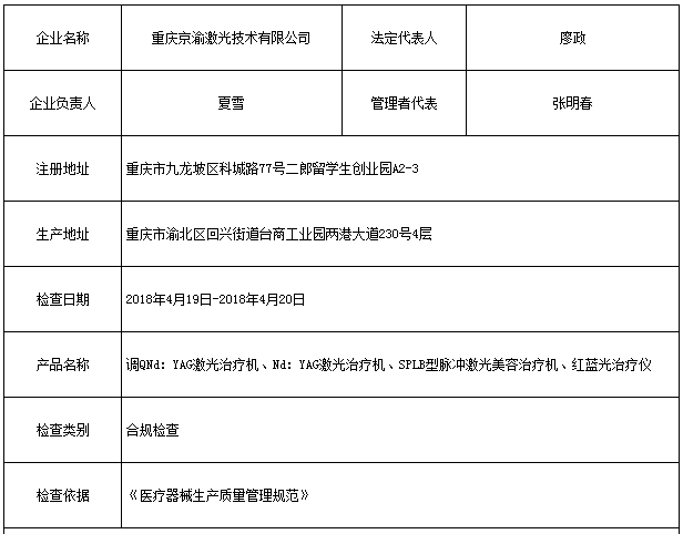 重慶京渝激光技術有限公司被查存6項一般缺陷