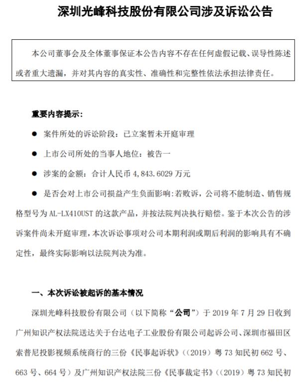 登陸科創板僅8天！光峰科技因涉嫌專利侵權，3000萬財產遭凍結