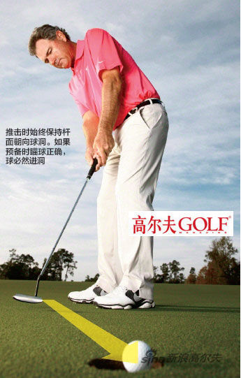 推擊時始終保持桿 面朝向球洞。如果 預(yù)備時瞄球正確， 球必然進洞